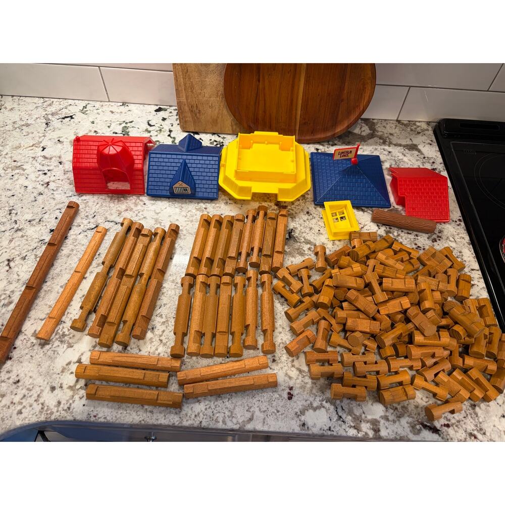 Vintage Lincoln Logs Large Lot - 100+ Wooden Logs + Plastic Roofs & Parts